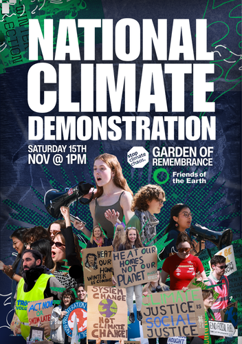 Final FOE version of  Climate March poster with posters that have our slogans
